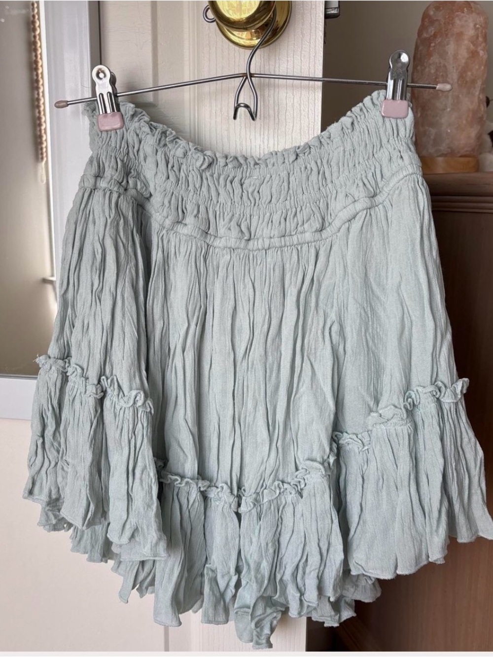 Free People light Blue Crinkle Ruffle Mini Skirt, Elastic Waist Lined, Size S